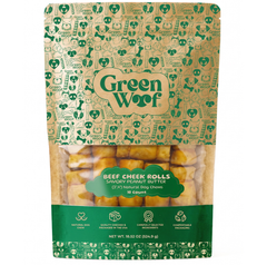 Green Woof Beef Cheek Rolls for Dogs (3-4") – Peanut Butter Coated — 10 Units front