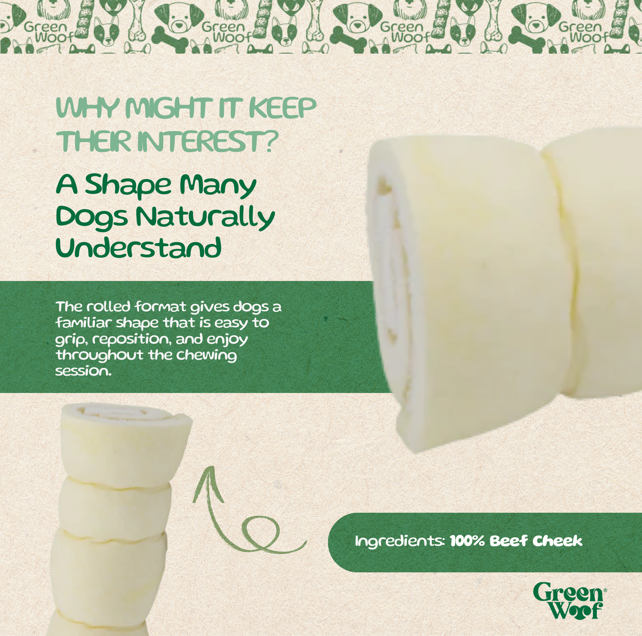 Green Woof Beef Cheek Rolls for Dogs