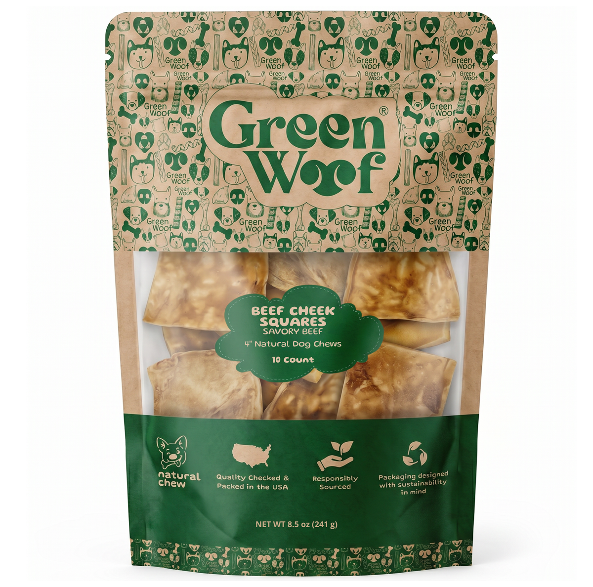Green Woof Beef Cheek Squares – Savory Beef Flavor (4x4)