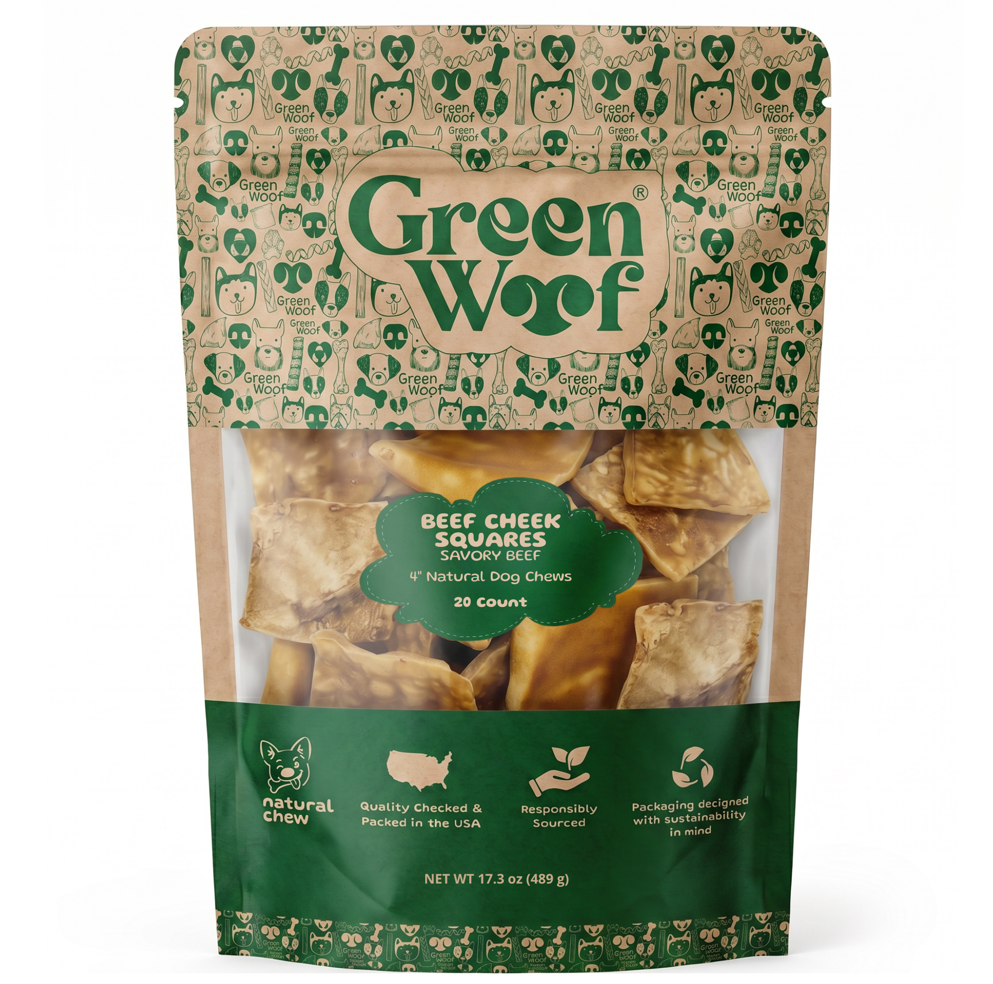 Green Woof Beef Cheek Squares – Savory Beef Flavor (4x4)