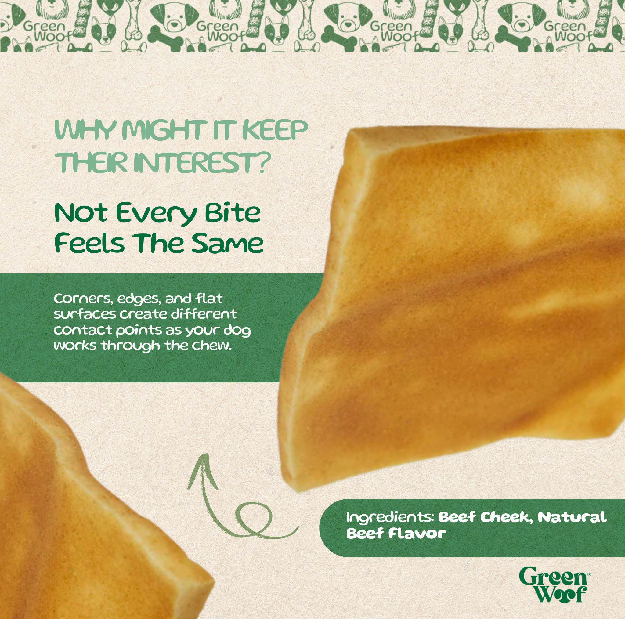 Green Woof Beef Cheek Squares – Savory Beef Flavor (4x4)