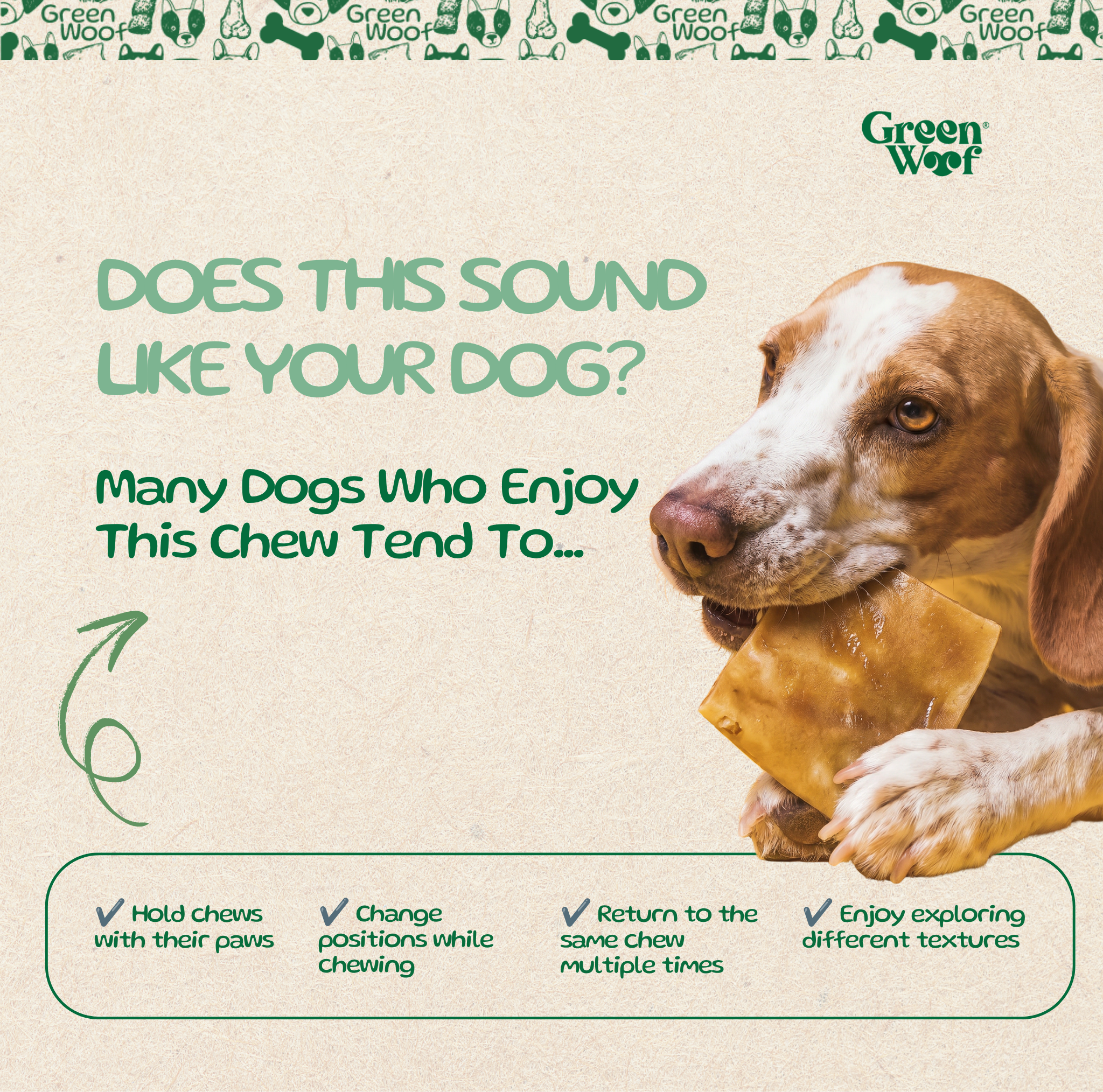 Green Woof Beef Cheek Squares – Savory Beef Flavor (4x4)