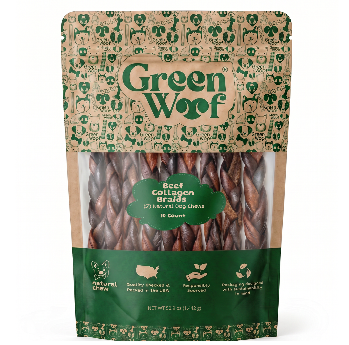 Green Woof Natural Beef Hide Braids for Dogs (6") – Long Lasting Rawhide Alternative