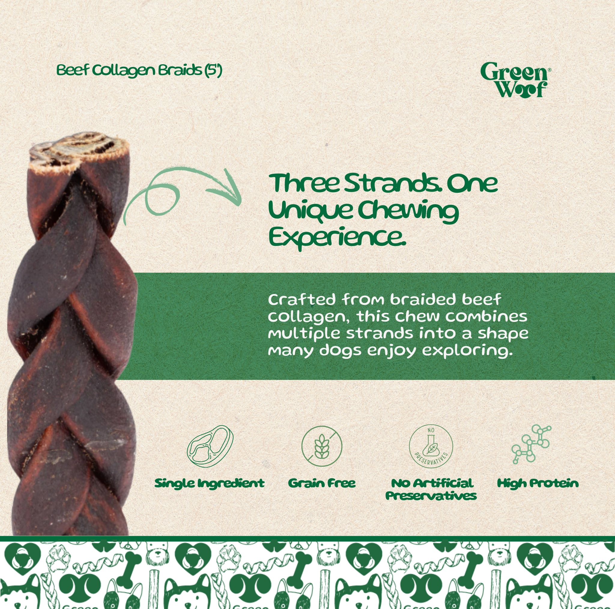 Green Woof Natural Beef Hide Braids for Dogs (6") – Long Lasting Rawhide Alternative