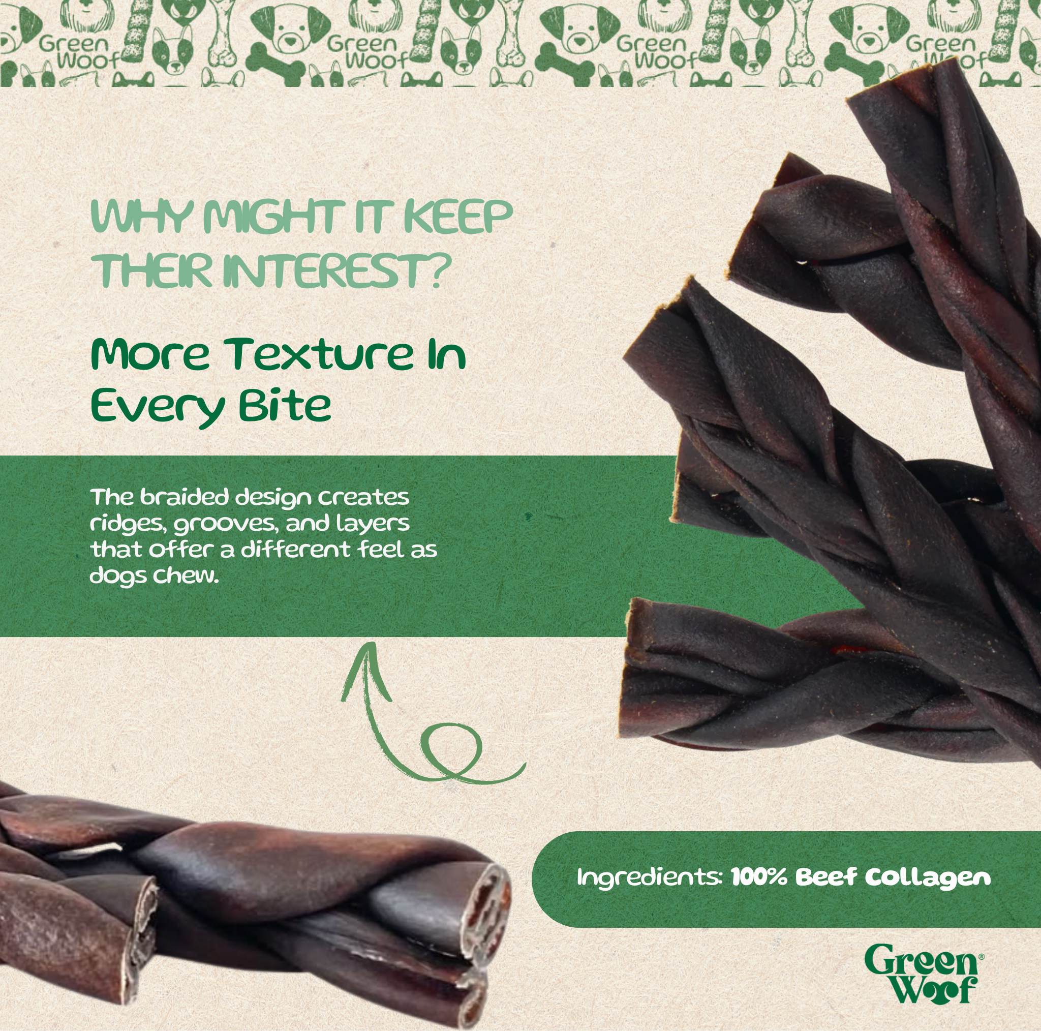 Green Woof Natural Beef Hide Braids for Dogs (6") – Long Lasting Rawhide Alternative
