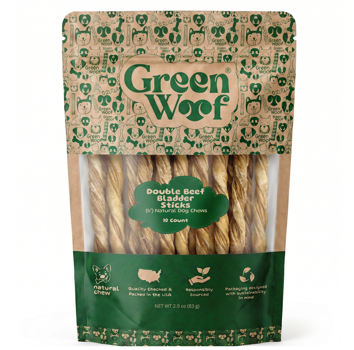 Green Woof Double Beef Bladder Sticks for Dogs (6") – Natural High Protein Chew