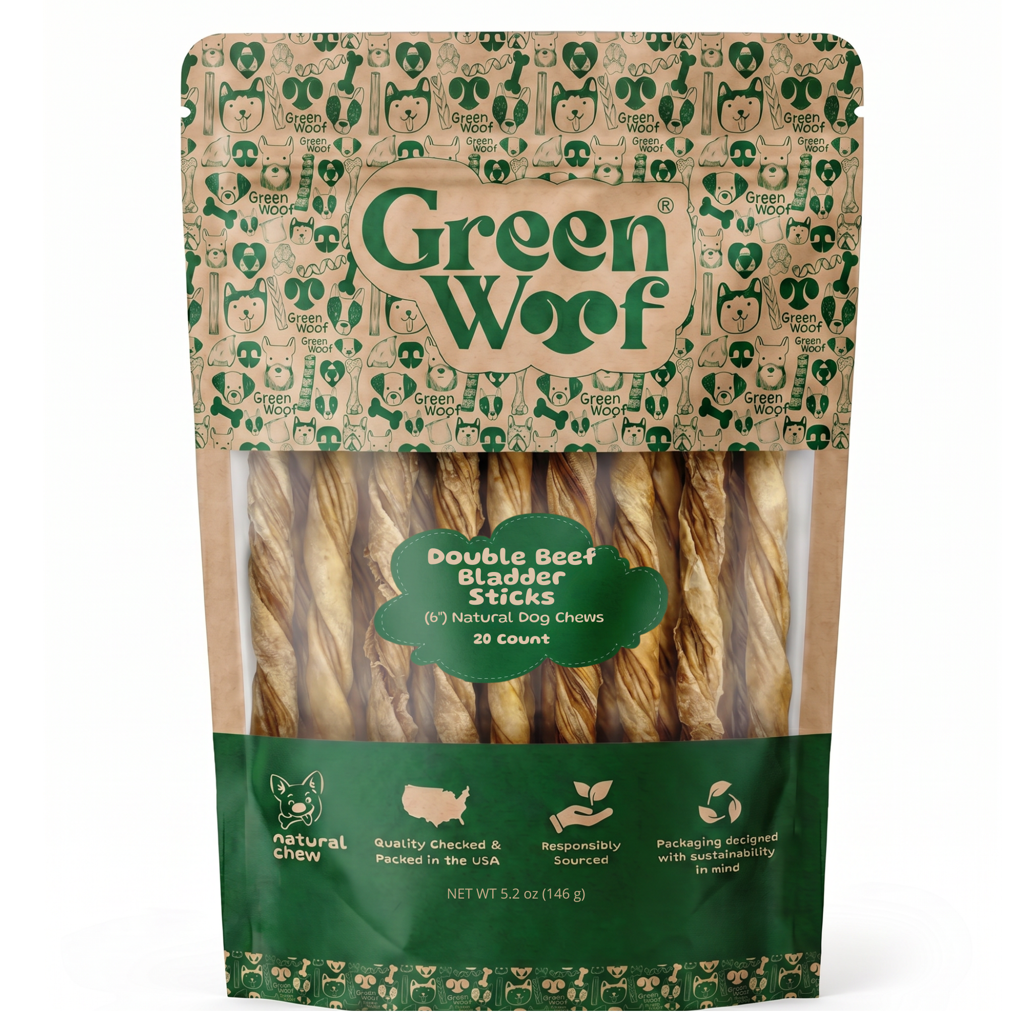 Green Woof Double Beef Bladder Sticks for Dogs (6") – Natural High Protein Chew