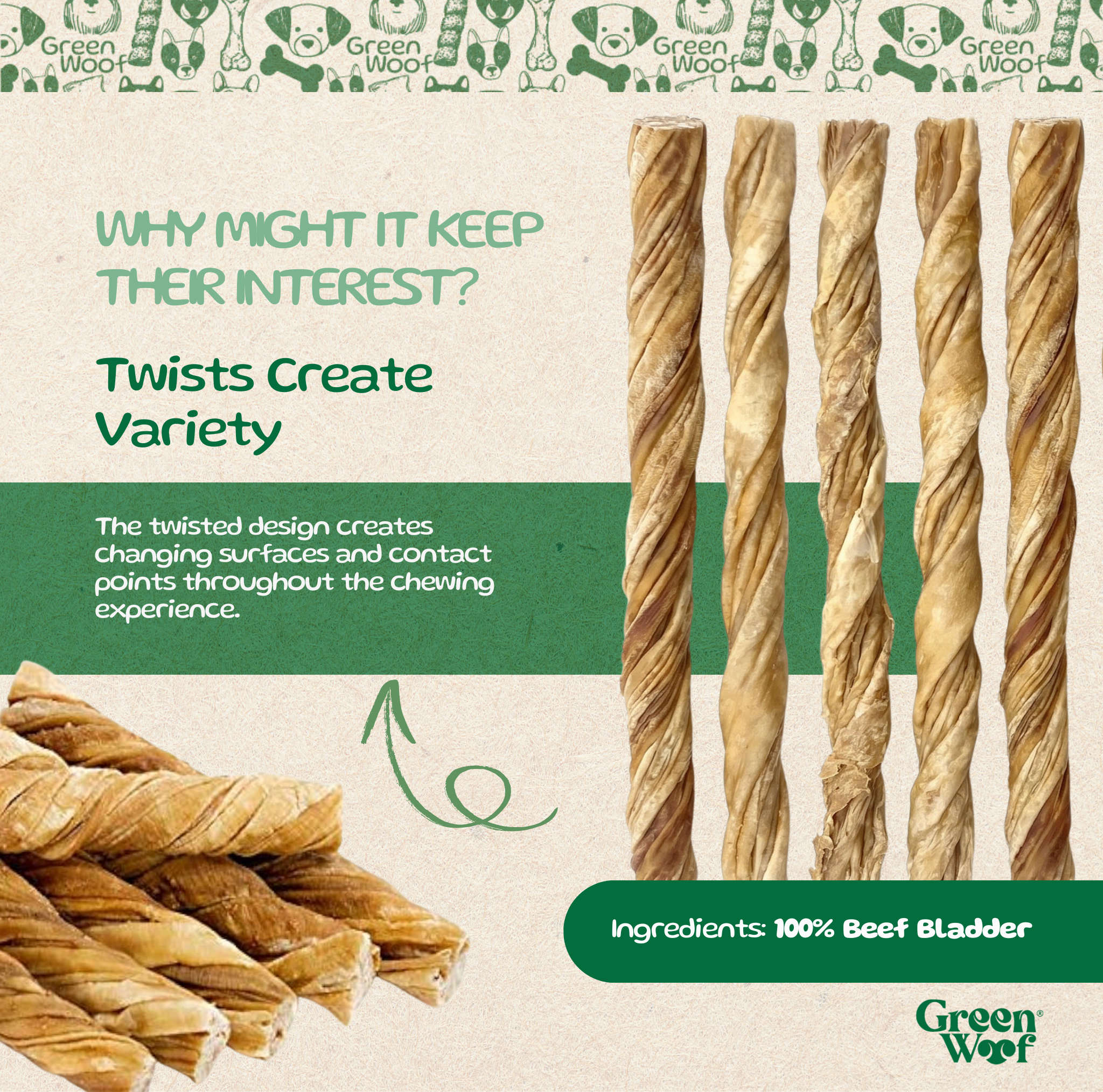 Green Woof Double Beef Bladder Sticks for Dogs (6") – Natural High Protein Chew