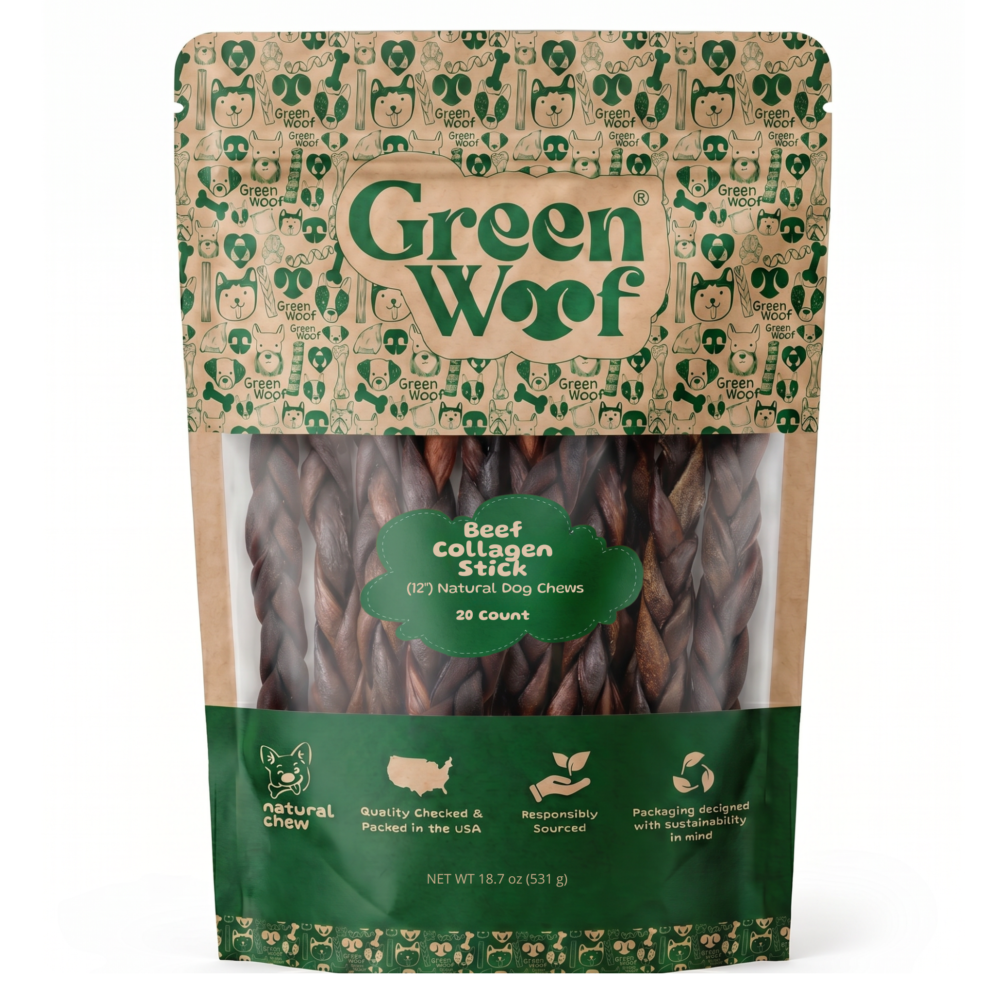 Green Woof Natural Beef Hide Braids for Dogs (6") – Long Lasting Rawhide Alternative