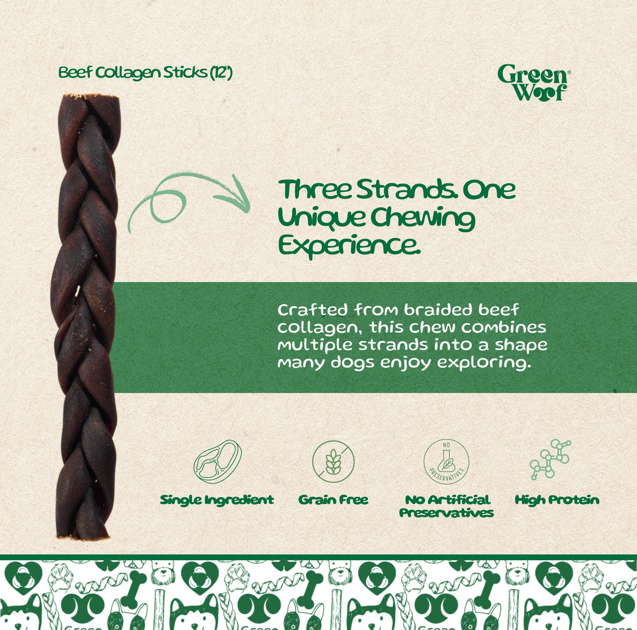 Green Woof Natural Beef Hide Braids for Dogs (6") – Long Lasting Rawhide Alternative