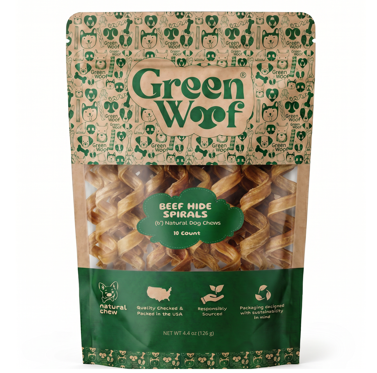 Green Woof Natural Beef Hide Spirals for Dogs (6") – Long Lasting Rawhide Alternative