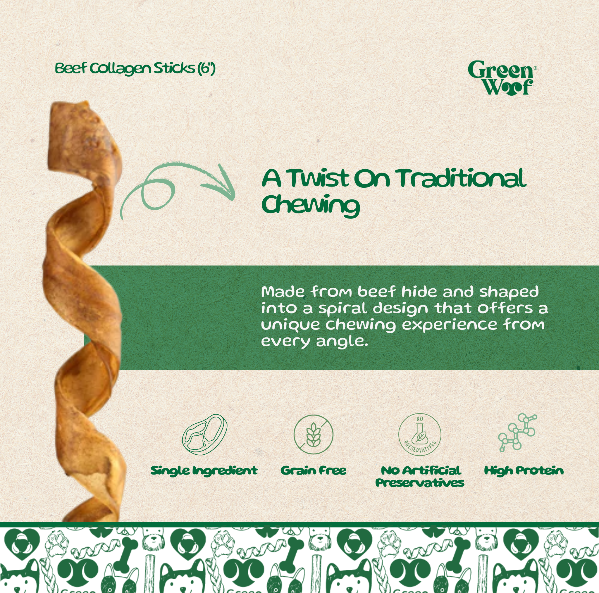 Green Woof Natural Beef Hide Spirals for Dogs (6") – Long Lasting Rawhide Alternative