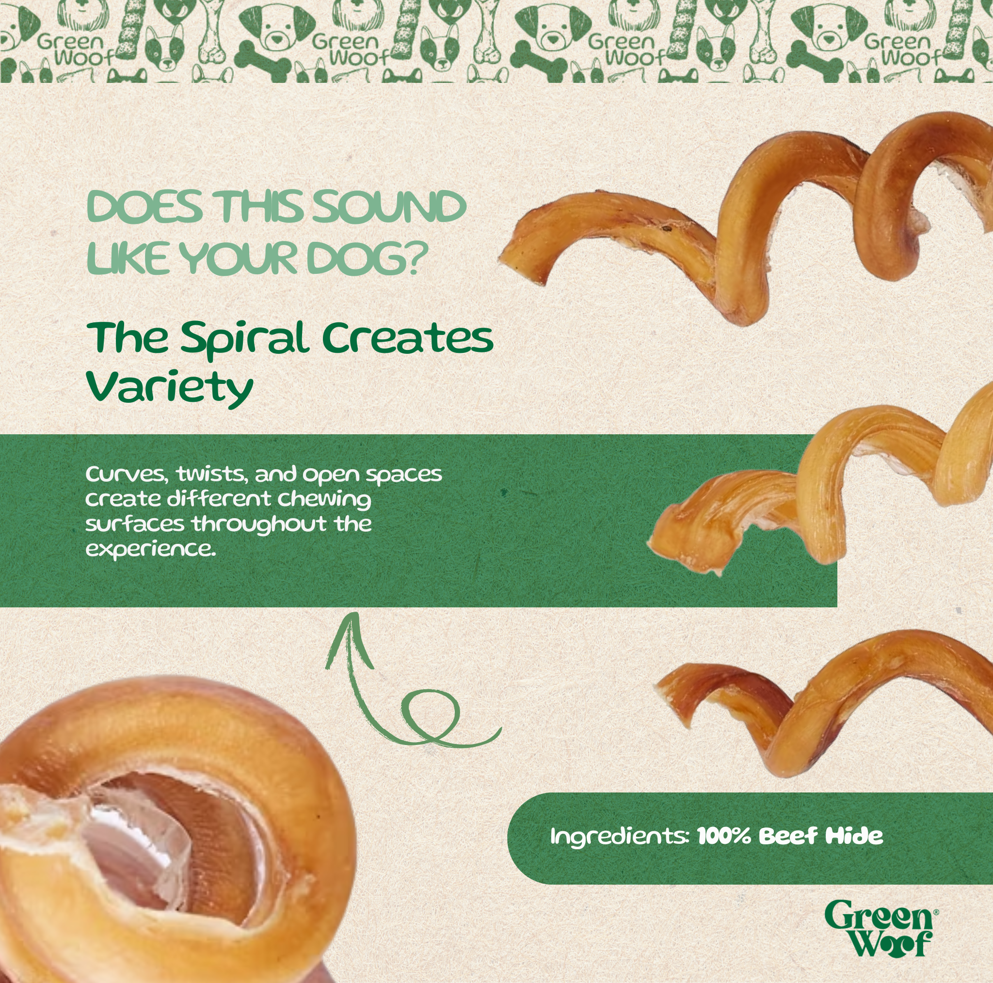 Green Woof Natural Beef Hide Spirals for Dogs (6") – Long Lasting Rawhide Alternative