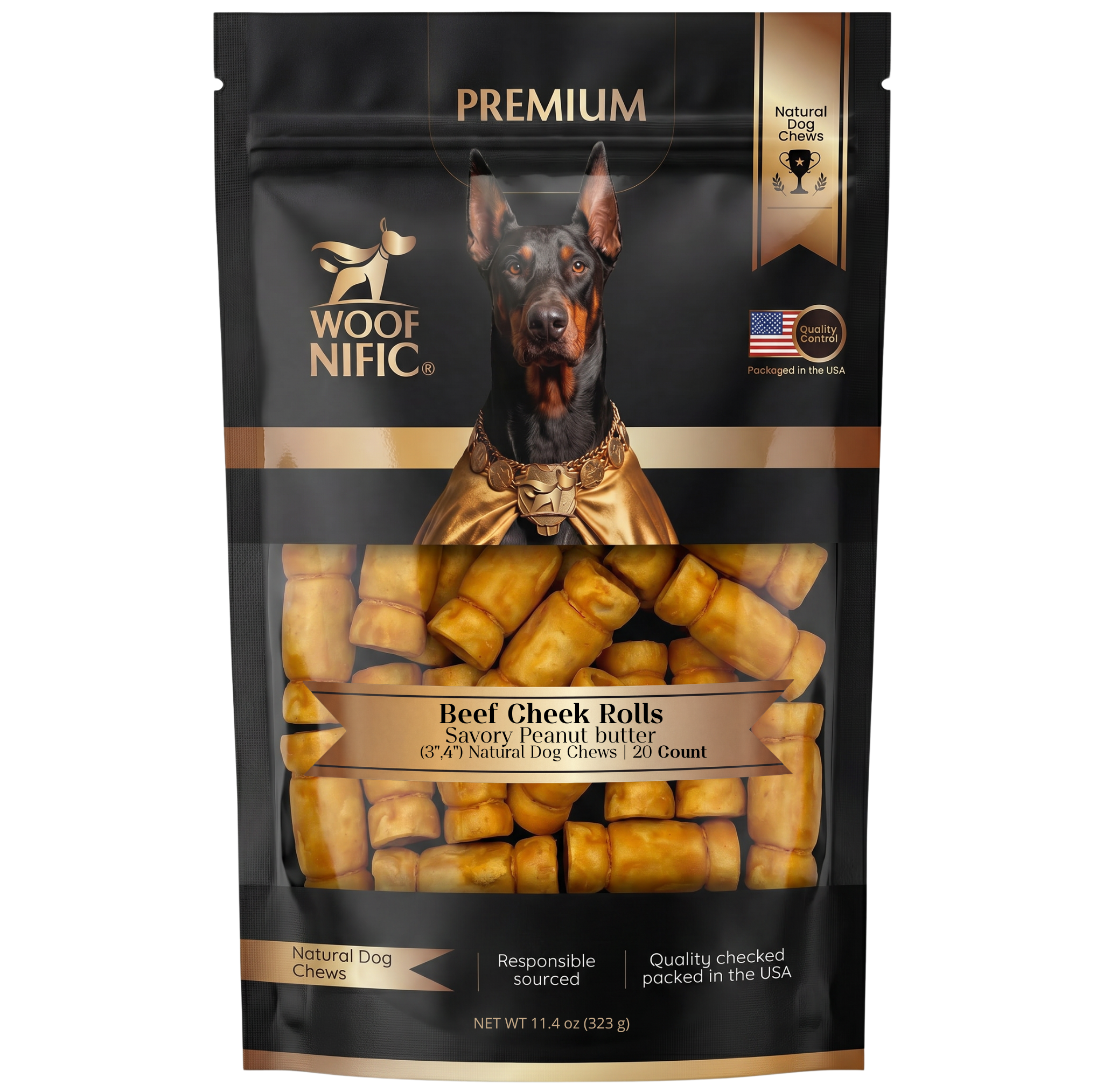 Woof Nific Beef Cheek Rolls for Dogs (3-4") – Peanut Butter Coated