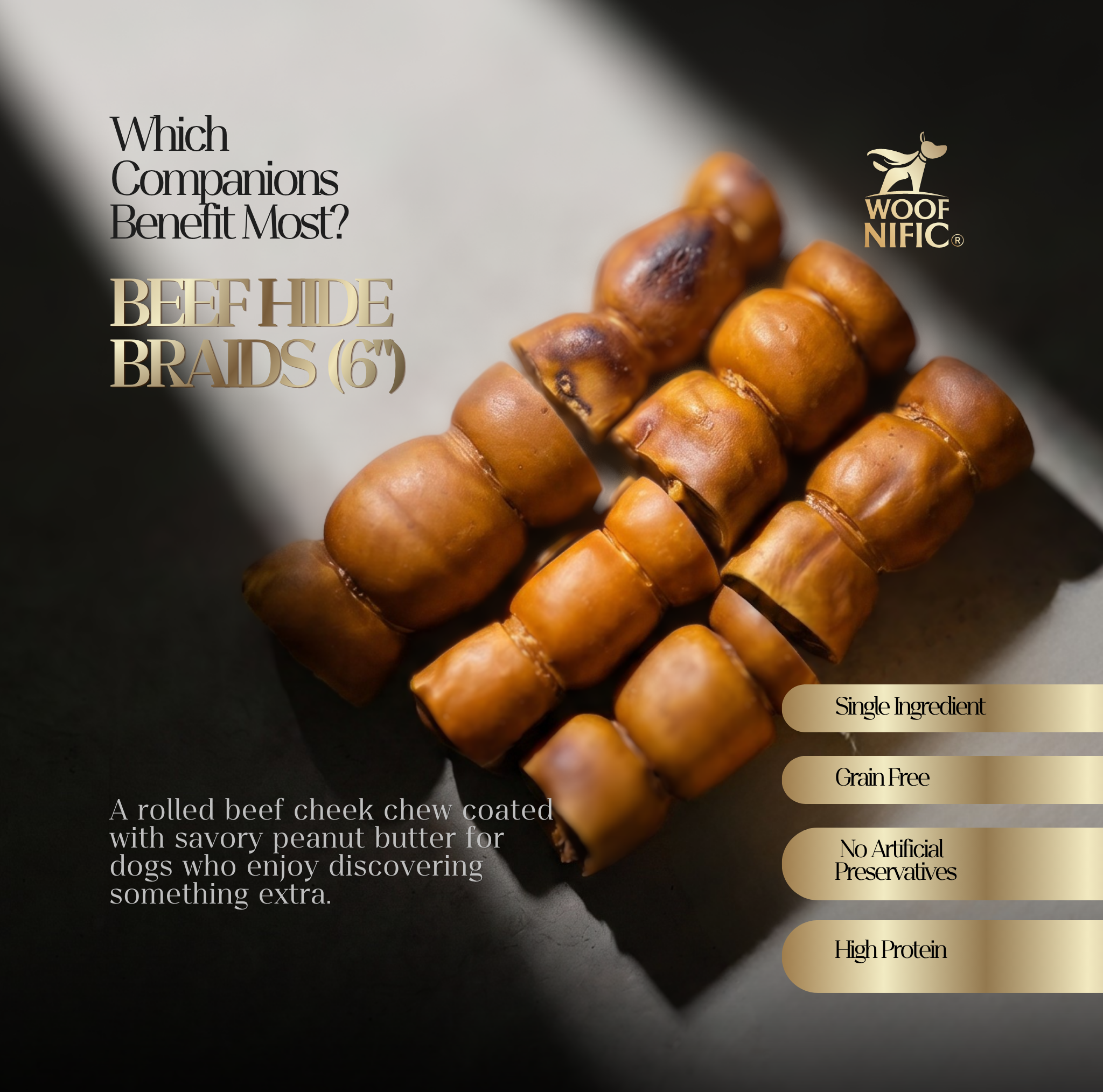 Woof Nific Beef Cheek Rolls for Dogs (3-4") – Peanut Butter Coated