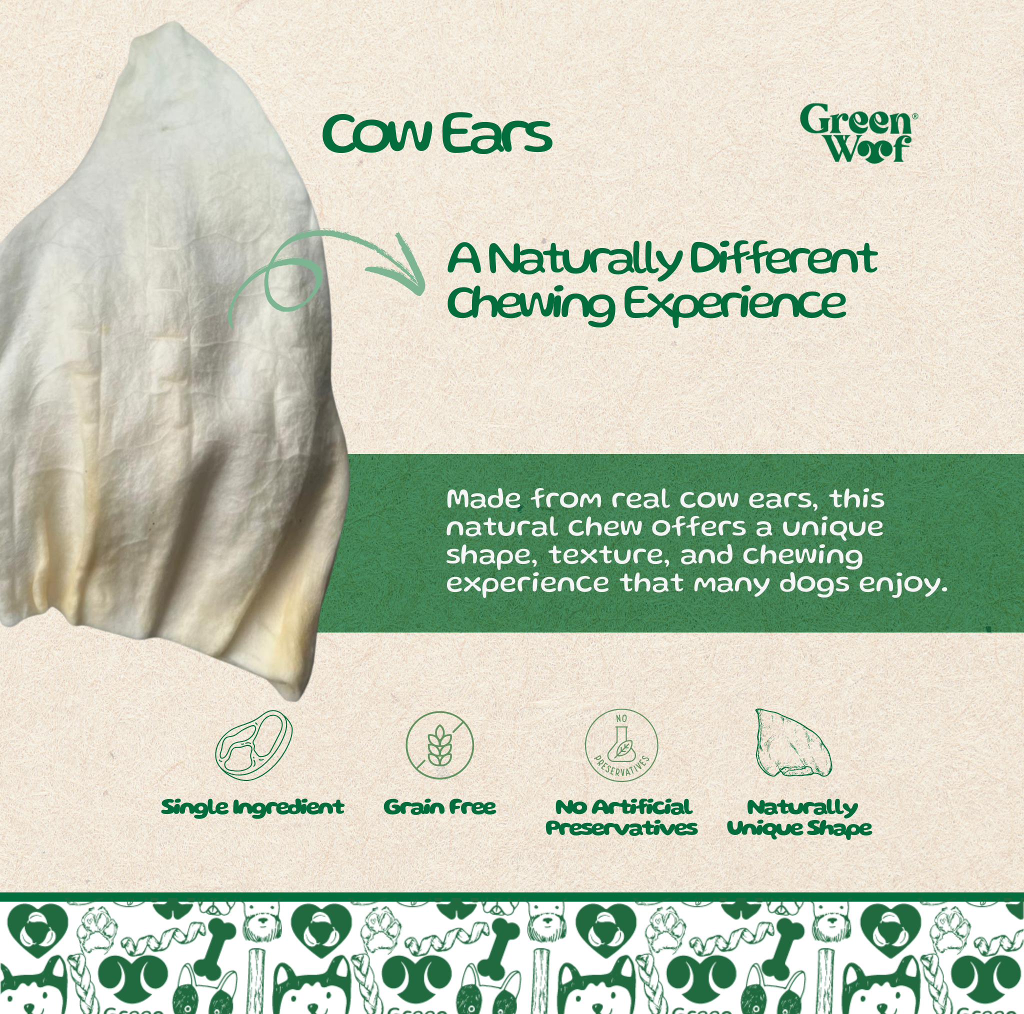 Green Woof Whole Cow Ears for Dogs