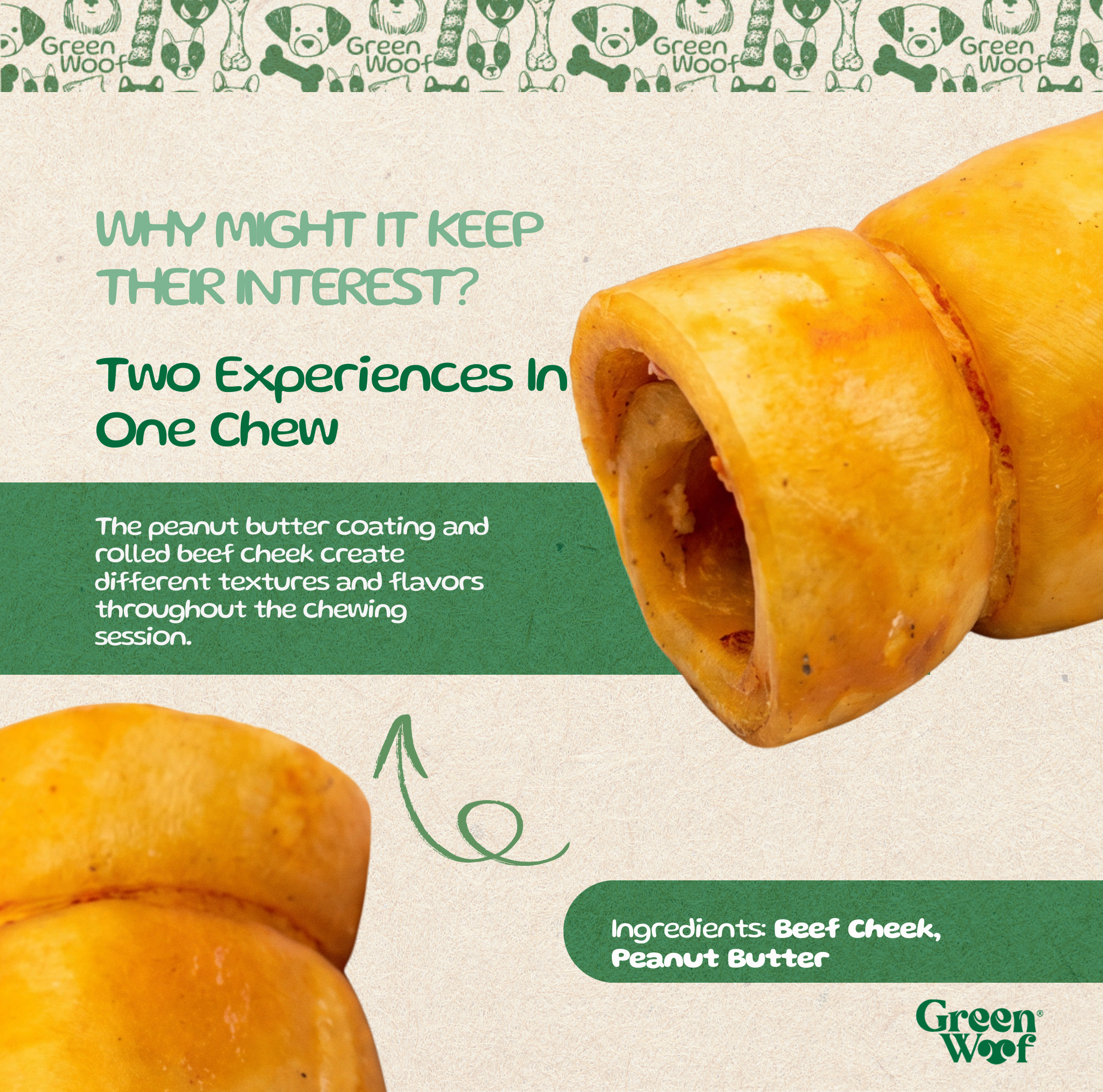 Green Woof Beef Cheek Rolls for Dogs (3-4") – Peanut Butter Coated