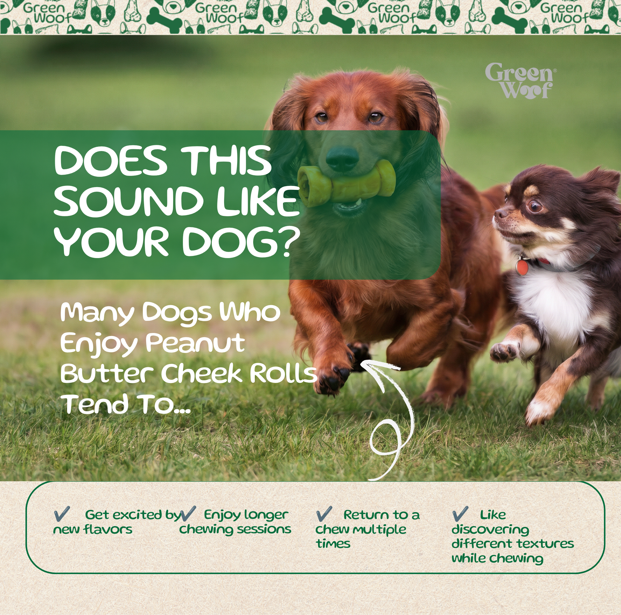 Green Woof Beef Cheek Rolls for Dogs (3-4") – Peanut Butter Coated
