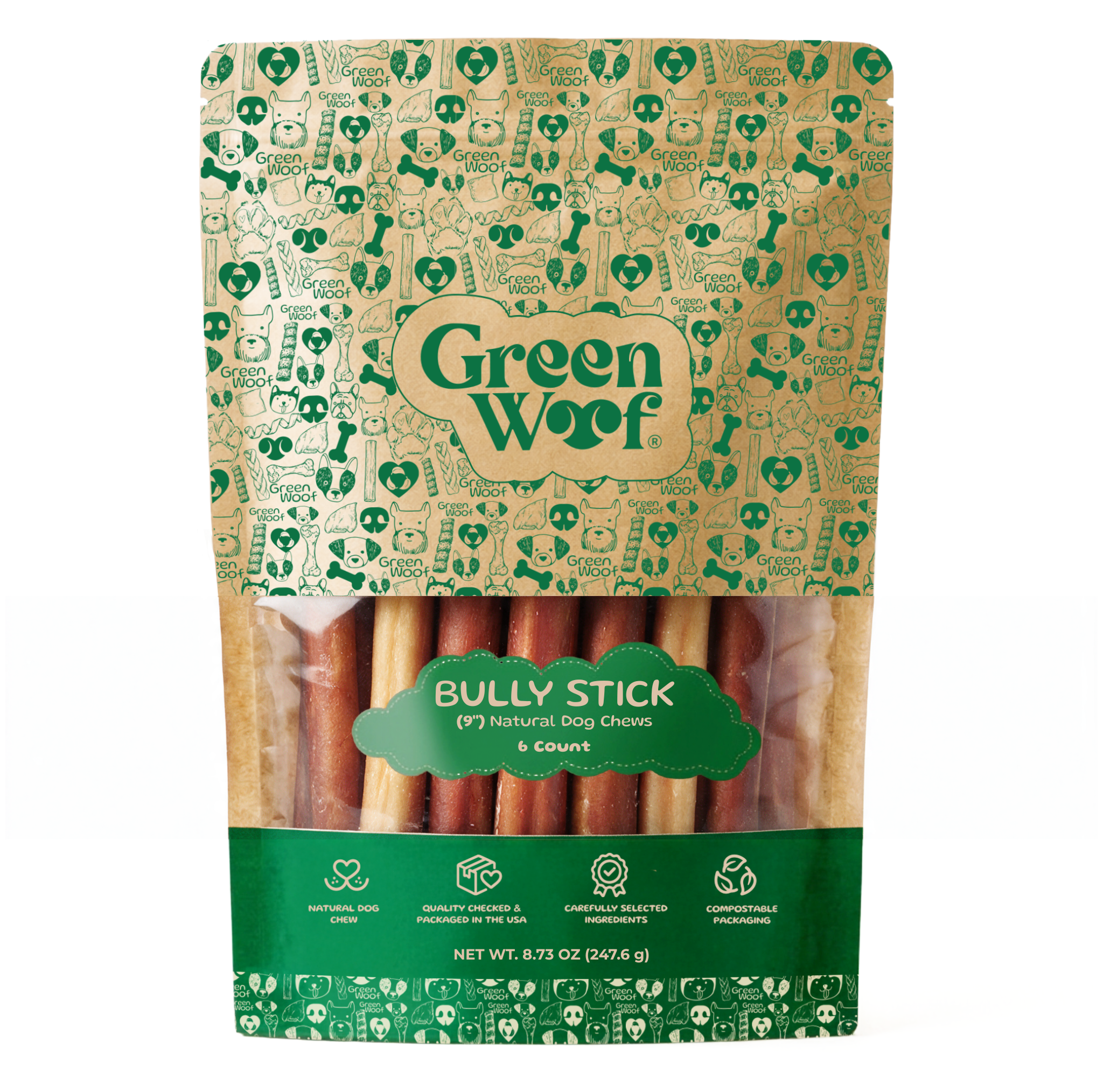 Straight Bully Sticks Natural Dog Chews — 9" / 6 Pack front