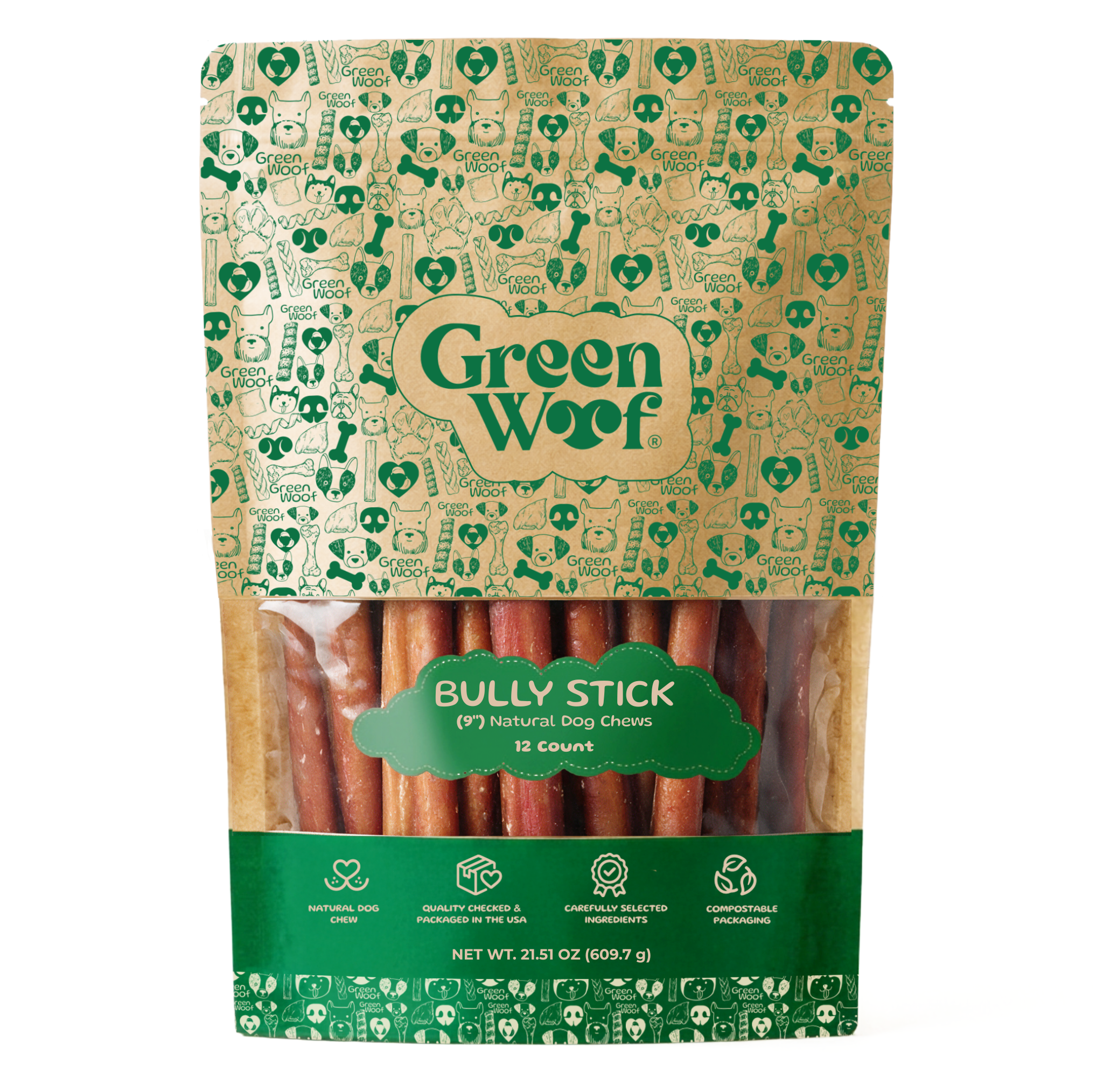 Straight Bully Sticks Natural Dog Chews — 9" / 12 Pack front
