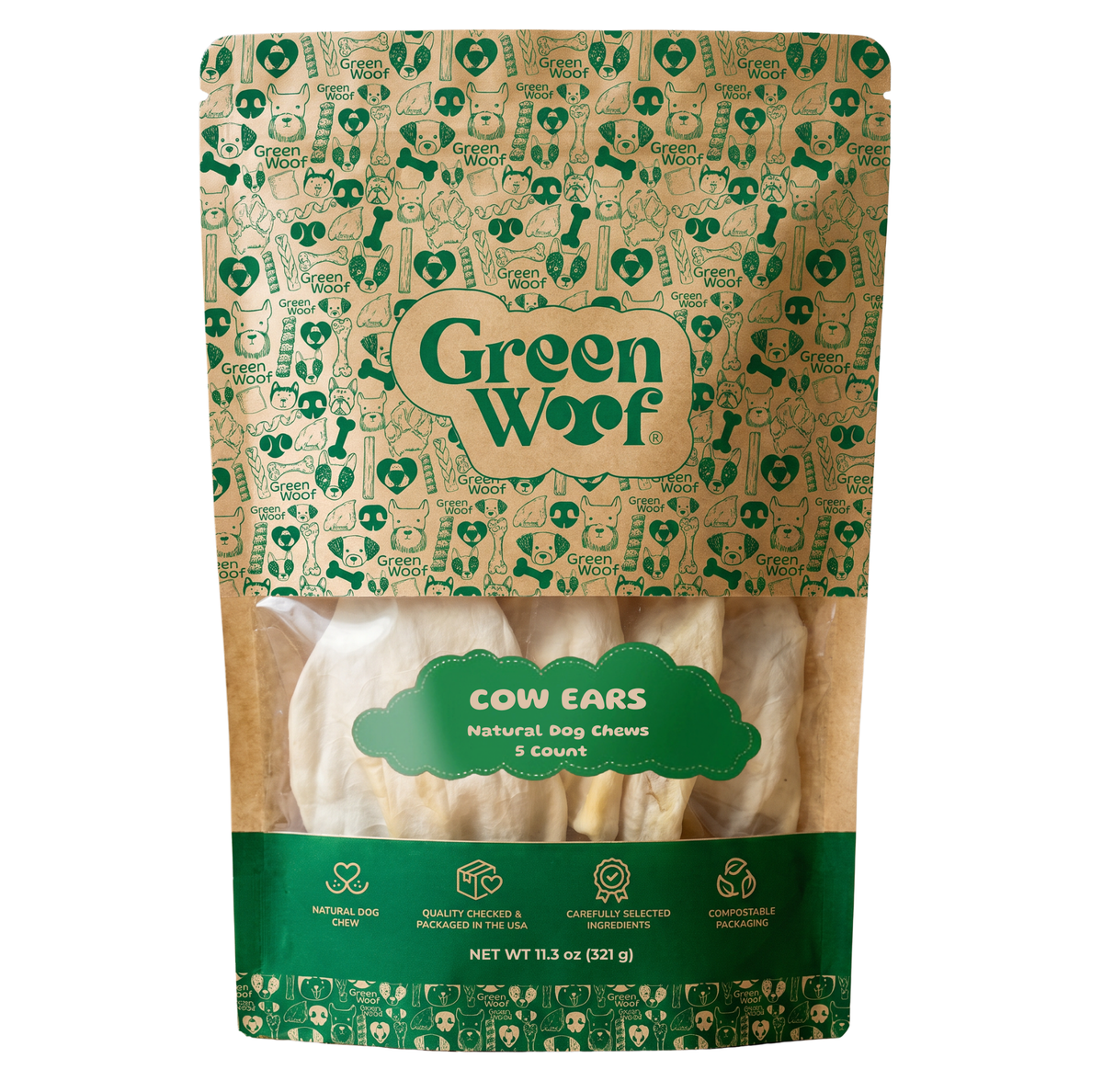 Green Woof Whole Cow Ears for Dogs — 5 Units / Natural front