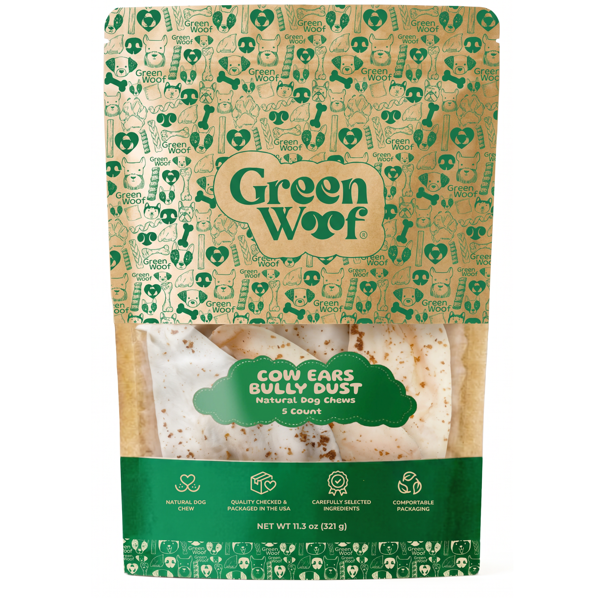 Green Woof Whole Cow Ears for Dogs — 5 Units / Bully Dust front