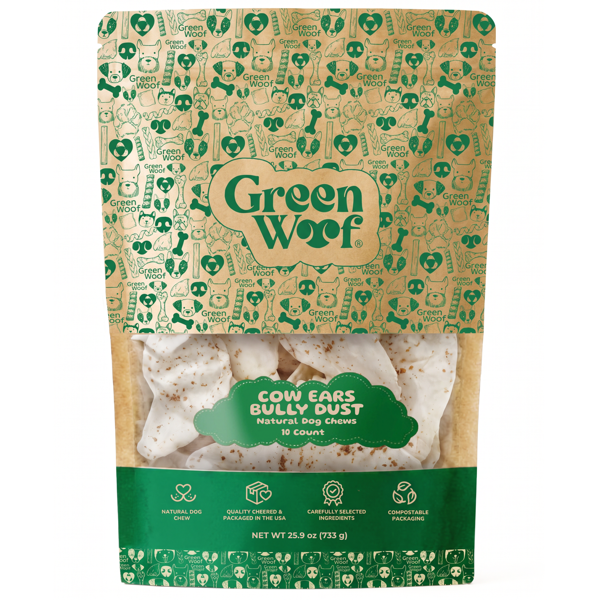 Green Woof Whole Cow Ears for Dogs — 10 Units / Bully Dust front