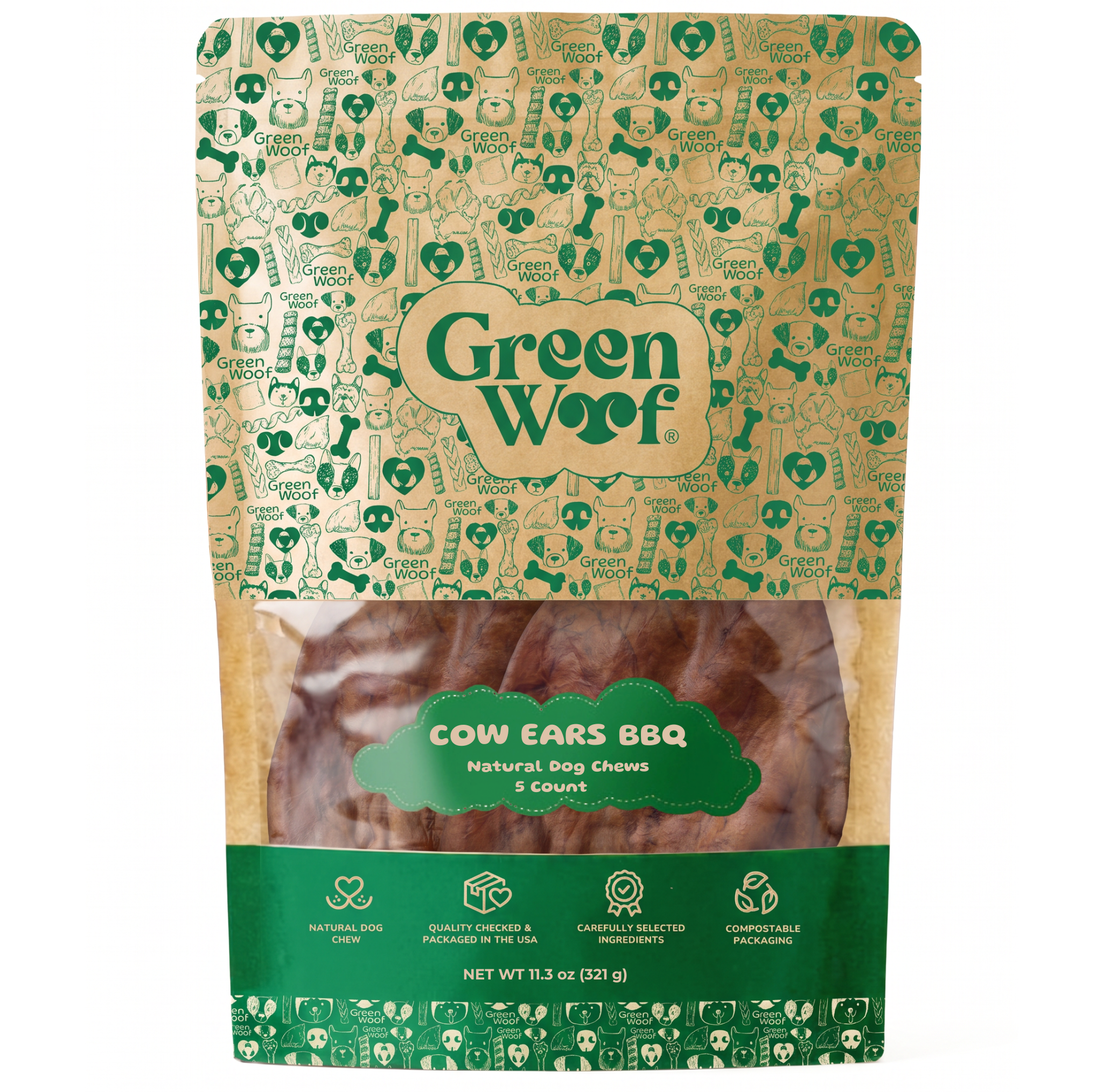 Green Woof Whole Cow Ears for Dogs — 5 Units / BBQ front