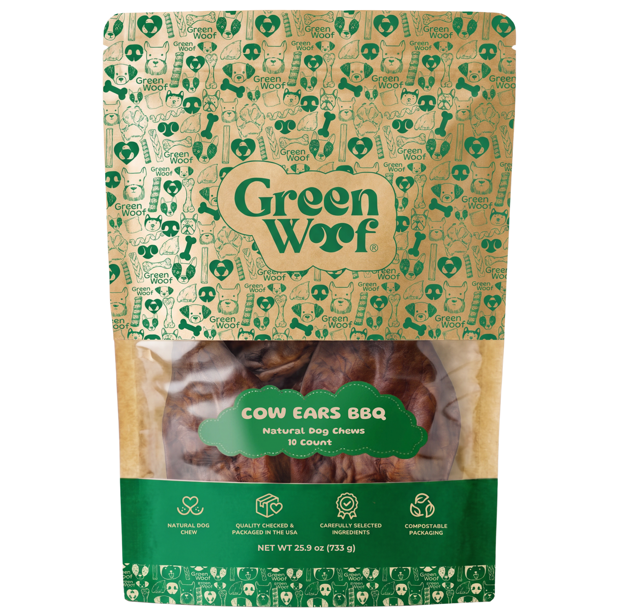 Green Woof Whole Cow Ears for Dogs — 10 Units / BBQ front
