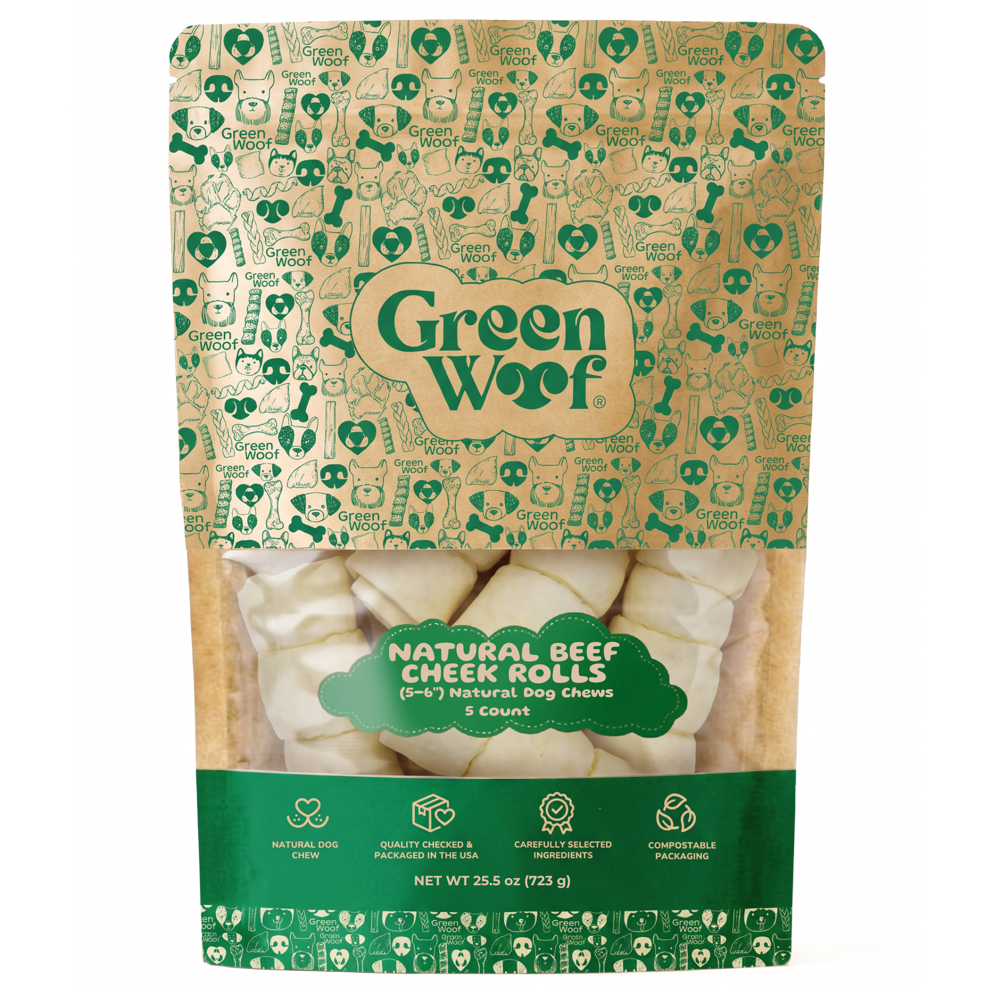 Green Woof Natural Beef Cheek Rolls 5-6 inch 5 count front