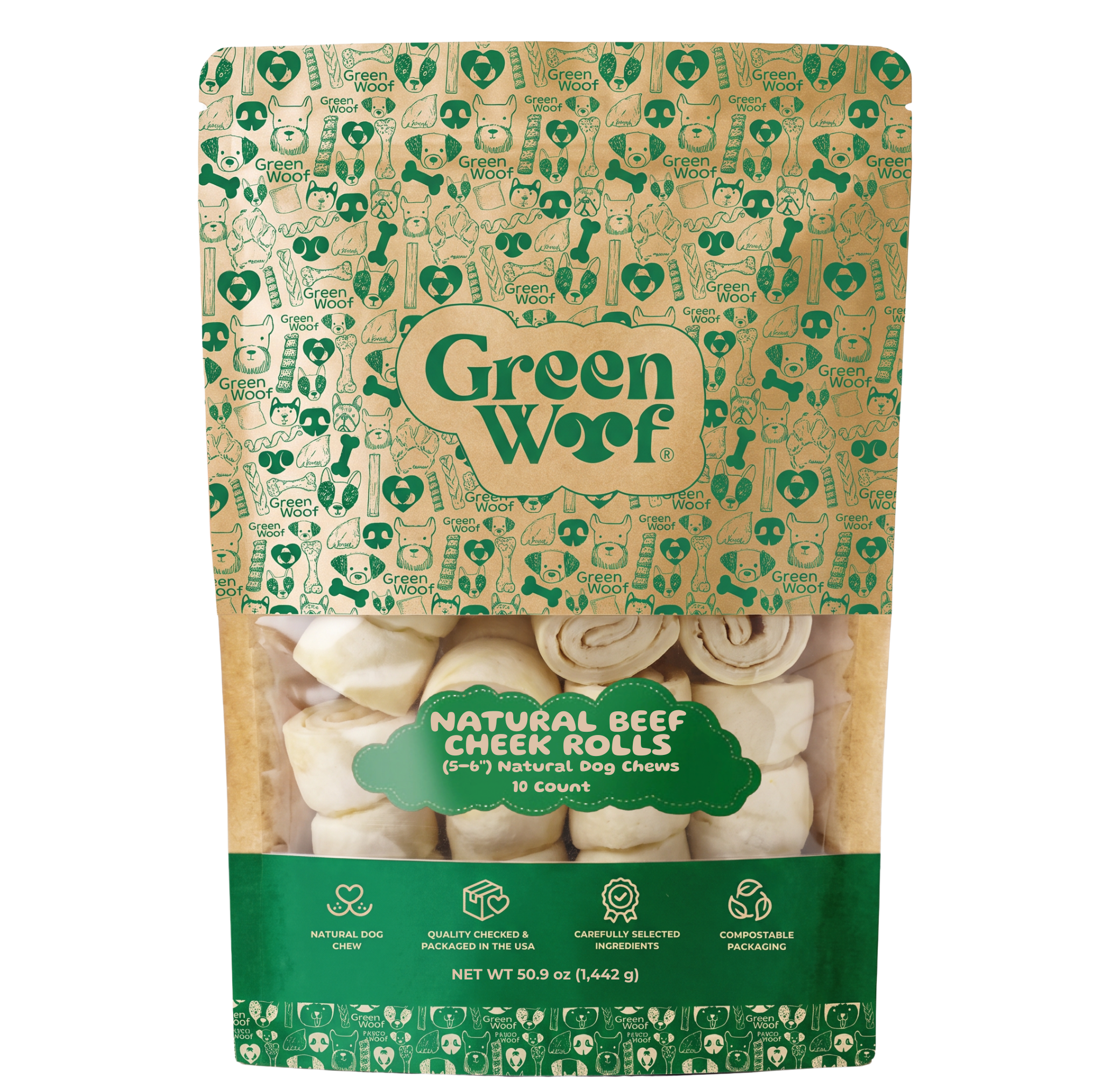 Green Woof Natural Beef Cheek Rolls 5-6 inch 10 count front