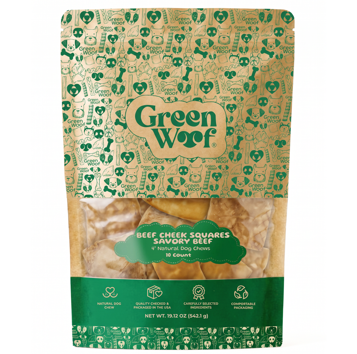 Green Woof Beef Cheek Squares – Savory Beef Flavor (4x4) — 10 Units front