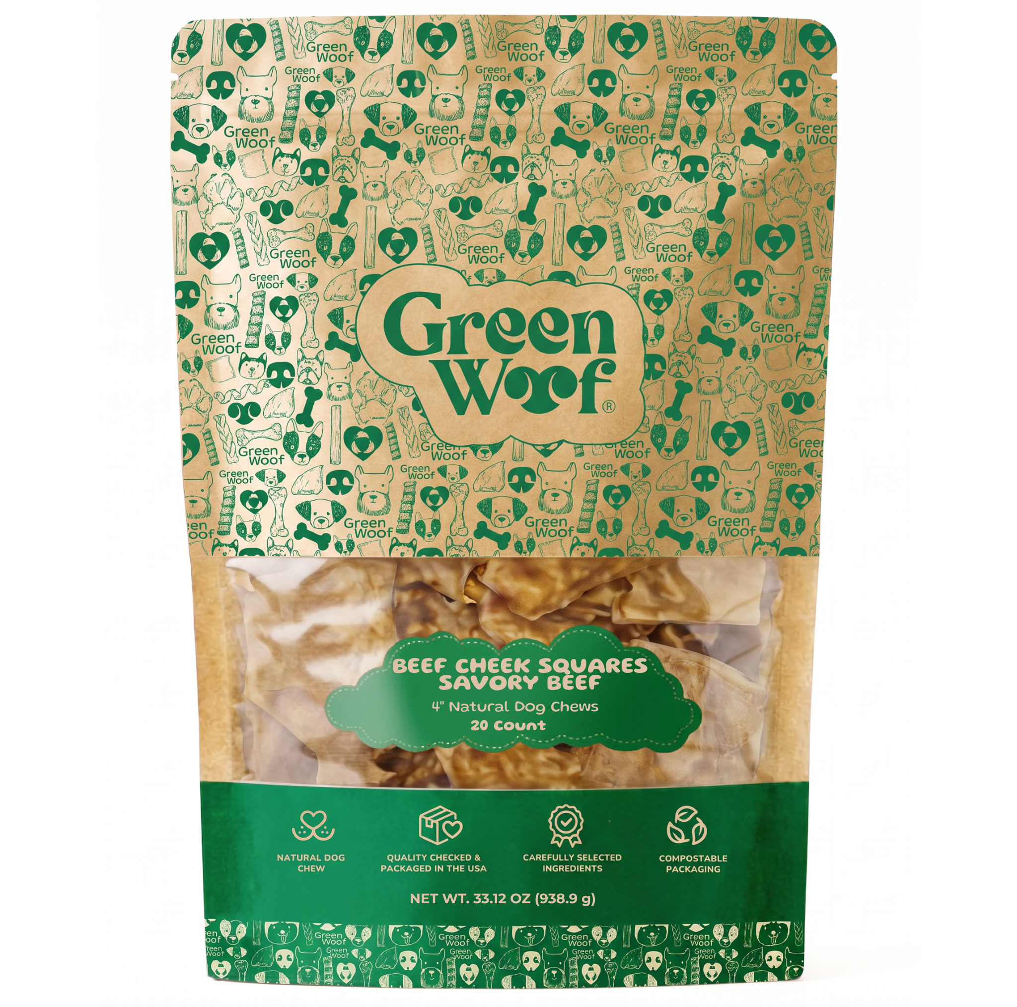 Green Woof Beef Cheek Squares – Savory Beef Flavor (4x4) — 20 Units front