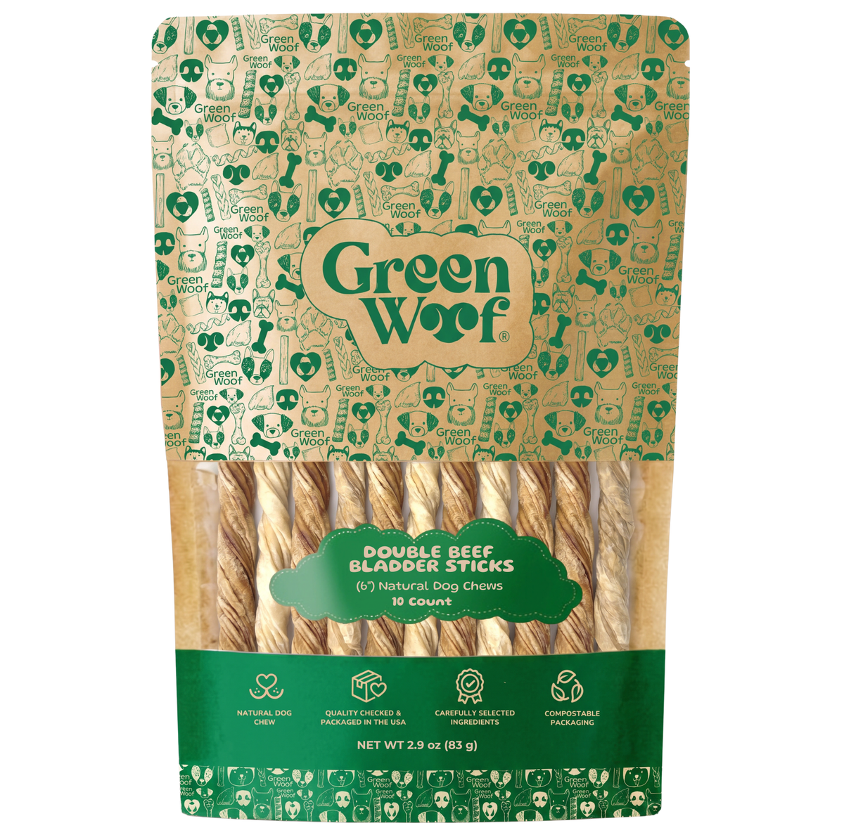 Green Woof Beef Bladder Sticks for Dogs (6") — 10 Units front