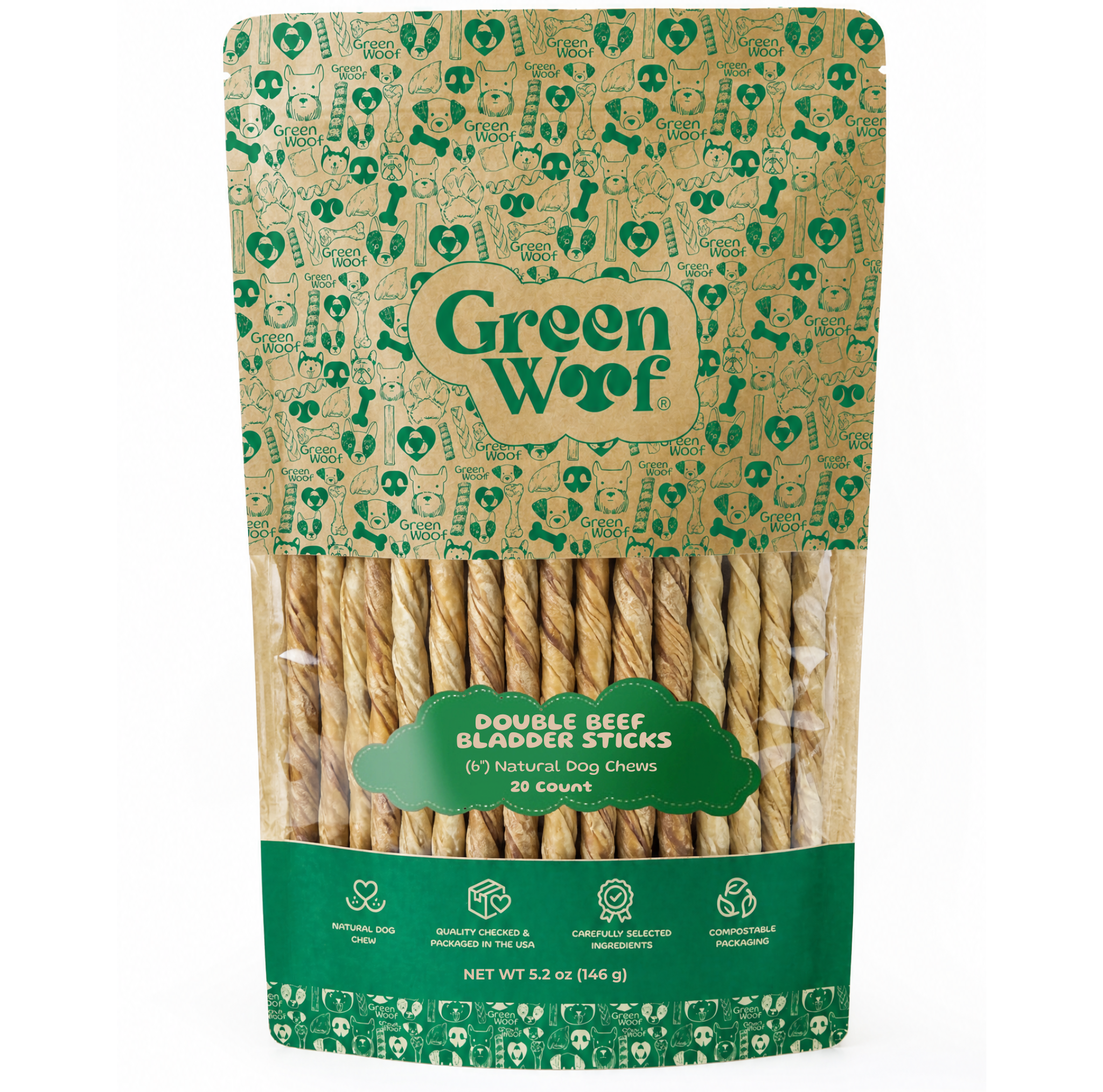 Green Woof Beef Bladder Sticks for Dogs (6") — 20 Units front