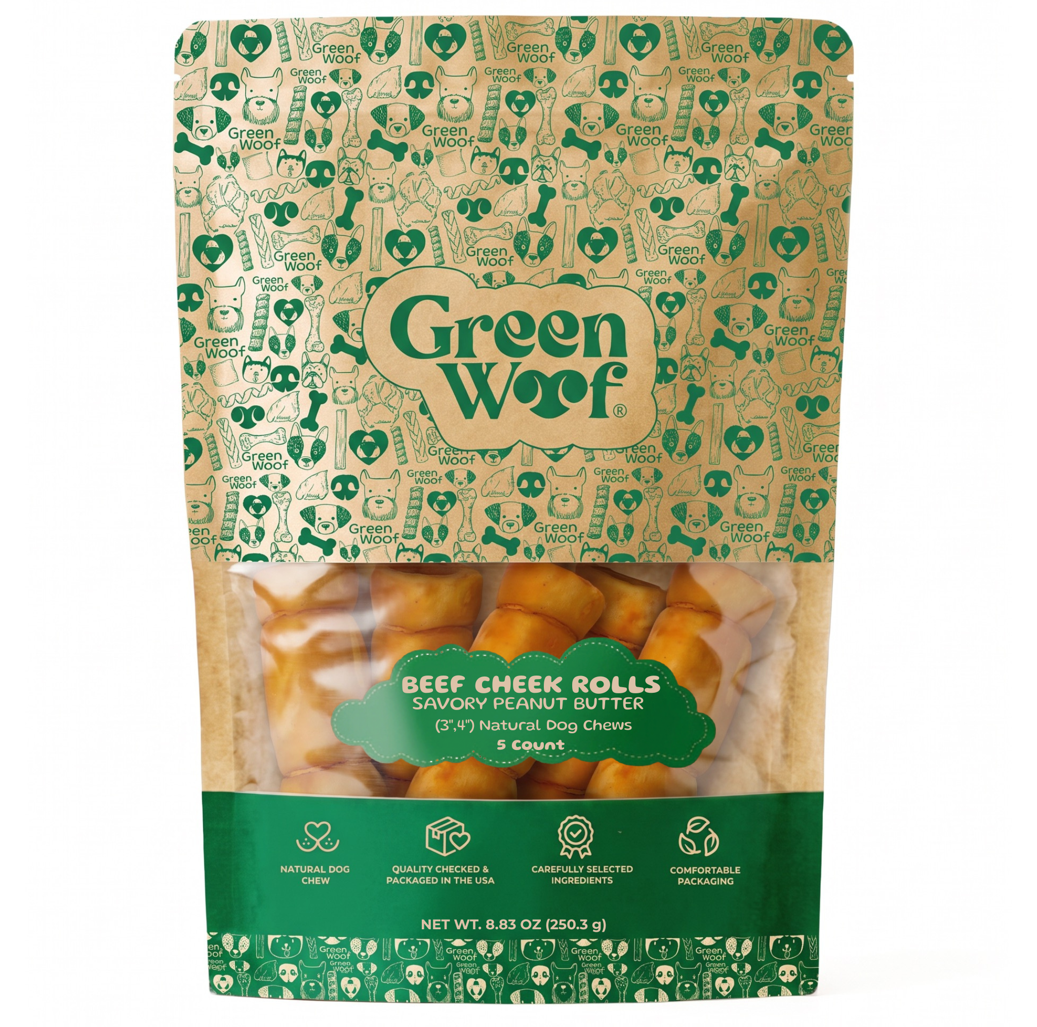 Green Woof Beef Cheek Rolls for Dogs (3-4") – Peanut Butter Coated — 5 Units front