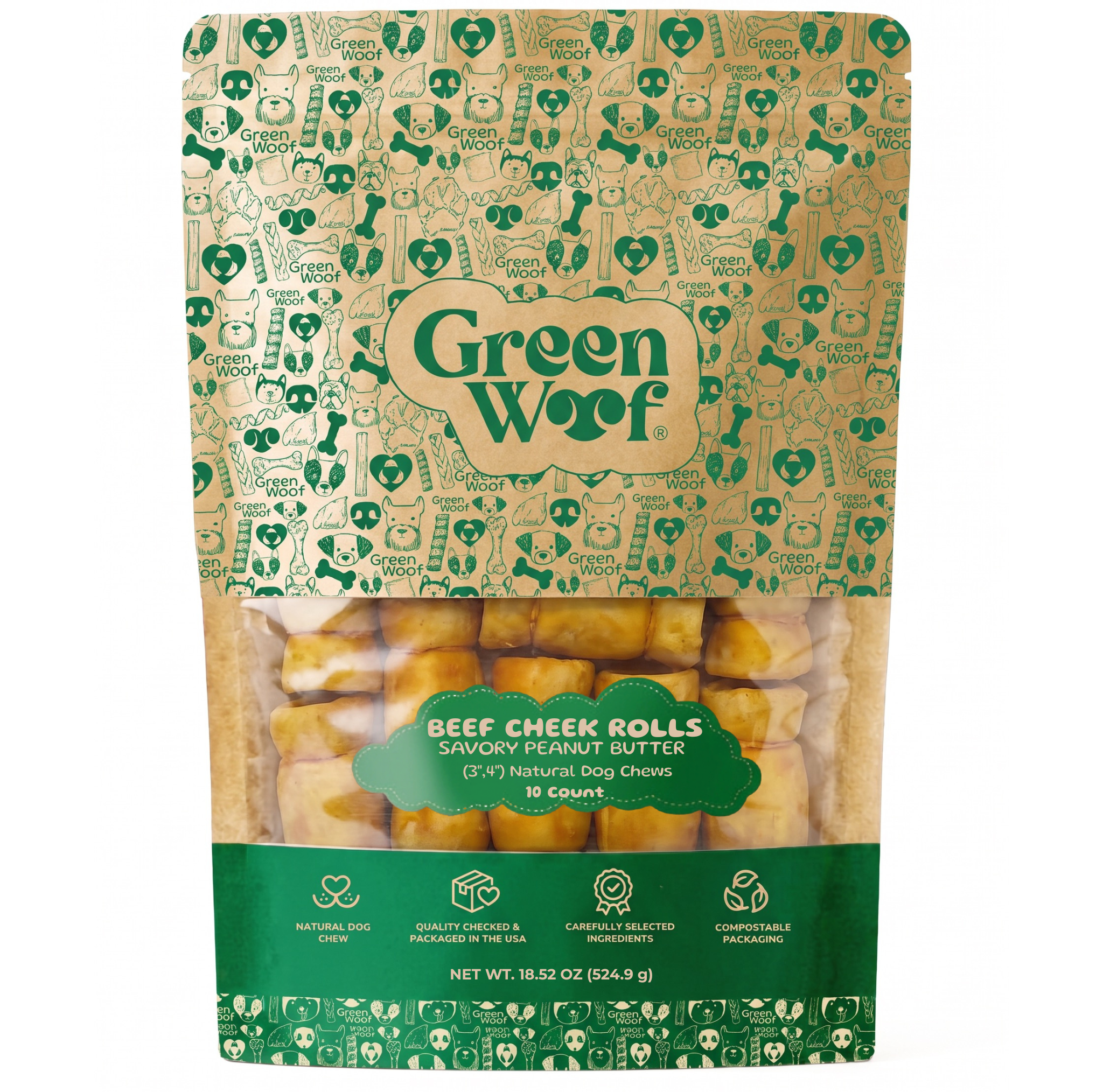 Green Woof Beef Cheek Rolls for Dogs (3-4") – Peanut Butter Coated — 10 Units front