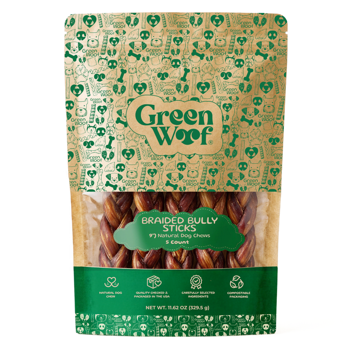 Braided Bully Sticks for Dogs, 9" – Natural Beef Chew (5 Pack) — 9" / 5 Pack front