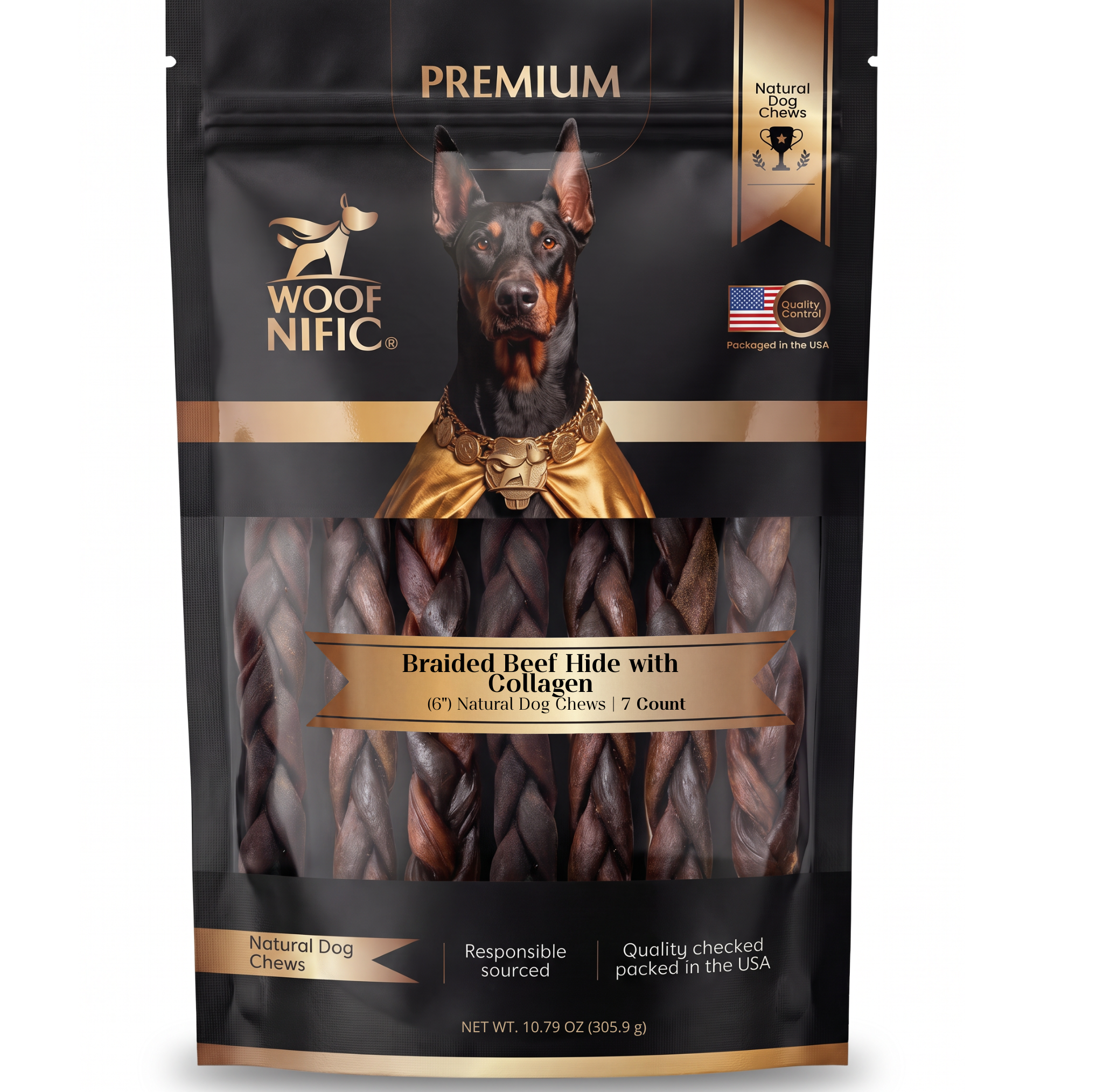 Woof Nific Braided Beef Hide with Collagen Dog Chew — 6" / 7 Pack