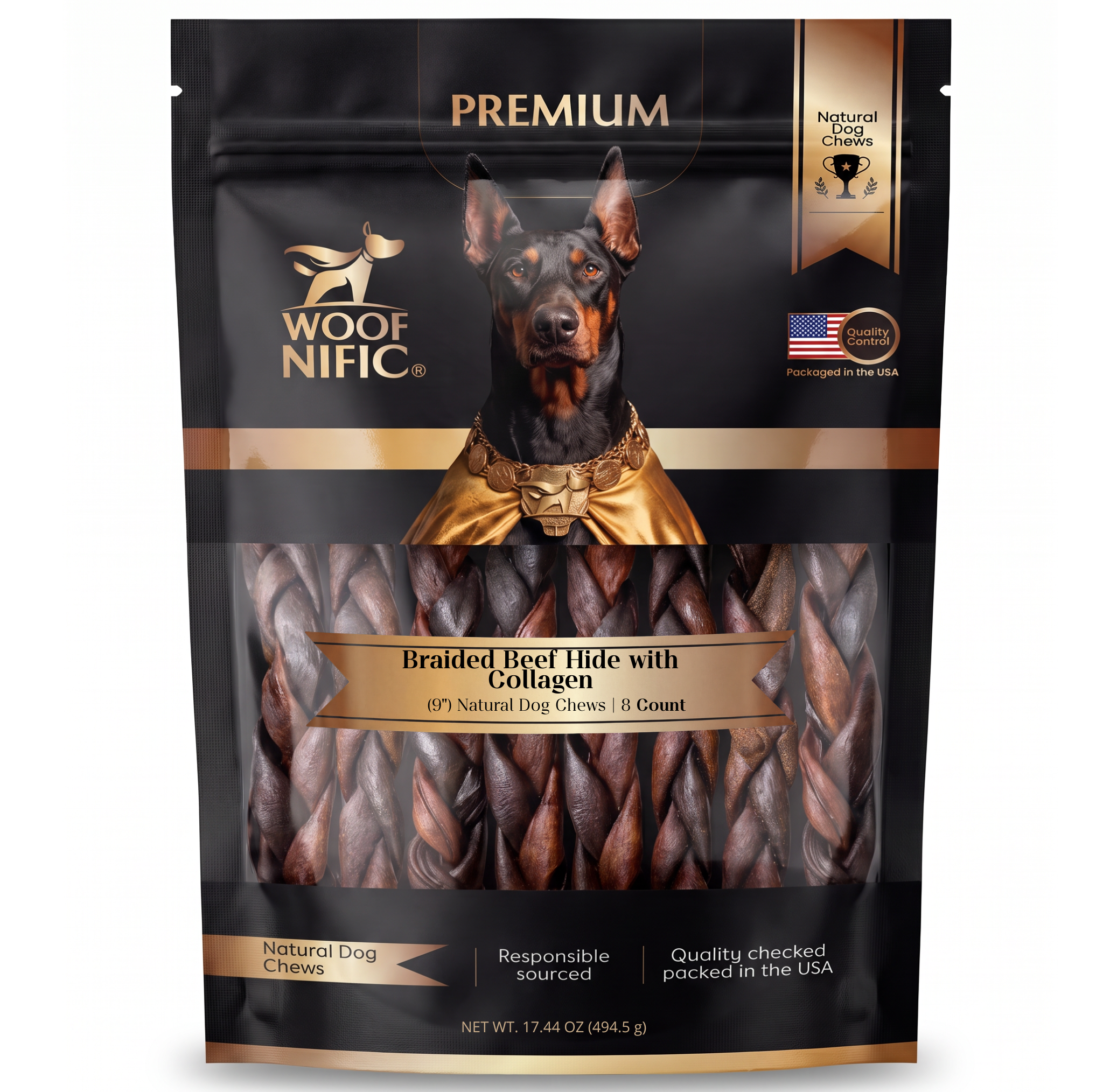 Woof Nific Braided Beef Hide with Collagen Dog Chew — 9" / 8 Pack