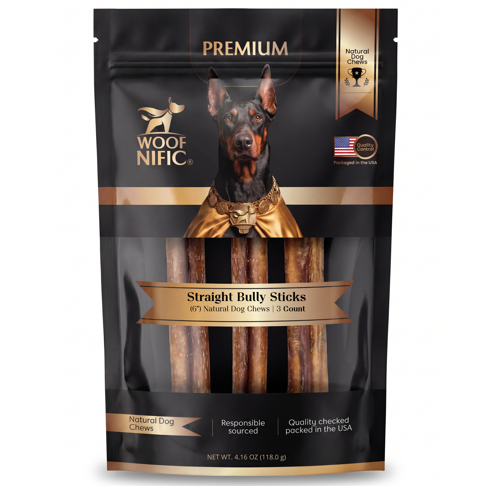 Woof Nific Straight Bully Sticks for Dogs – 100% Natural Beef Chew — 6" / 3 Pack