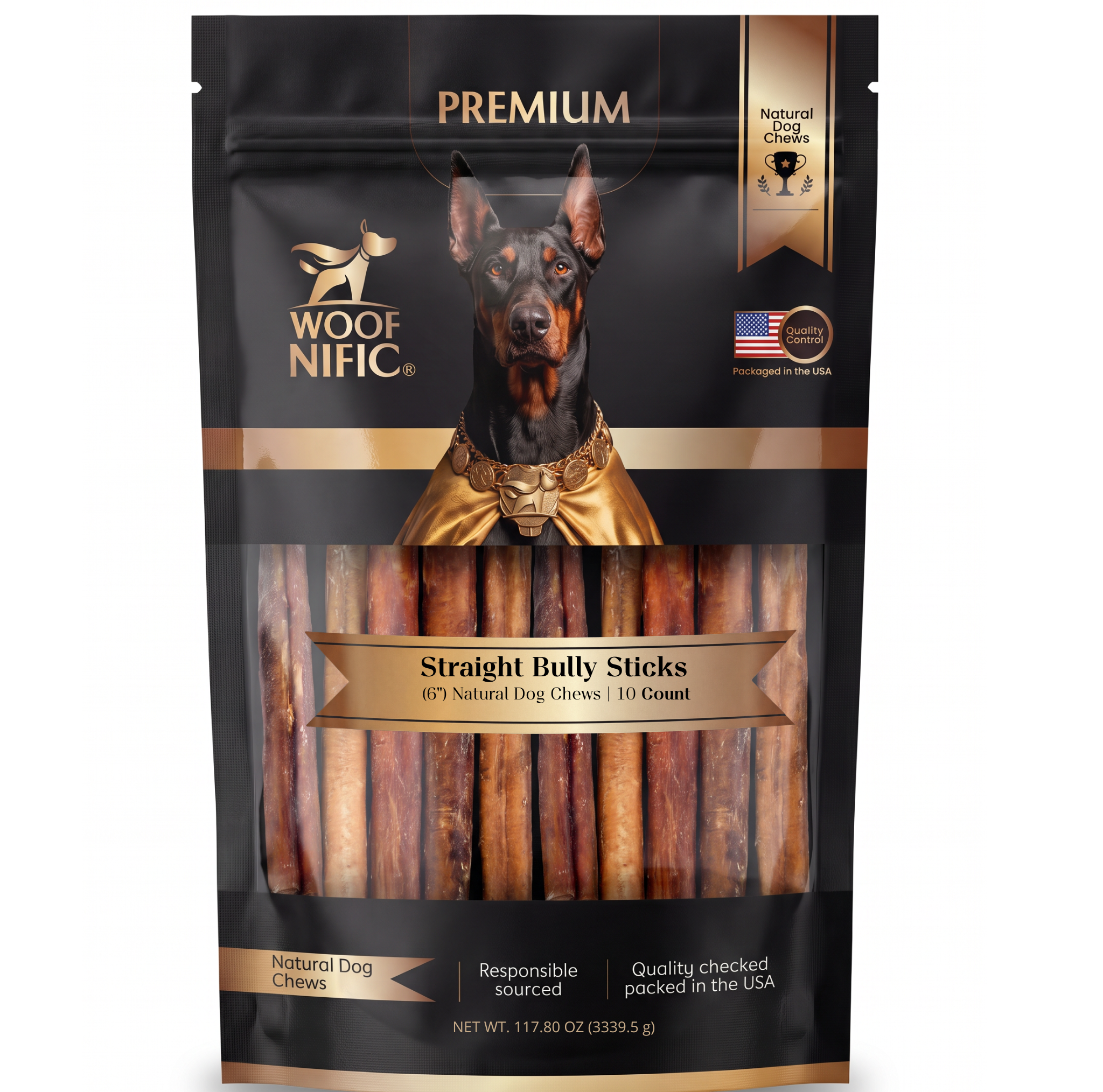 Woof Nific Straight Bully Sticks for Dogs – 100% Natural Beef Chew — 6" / 10 Pack