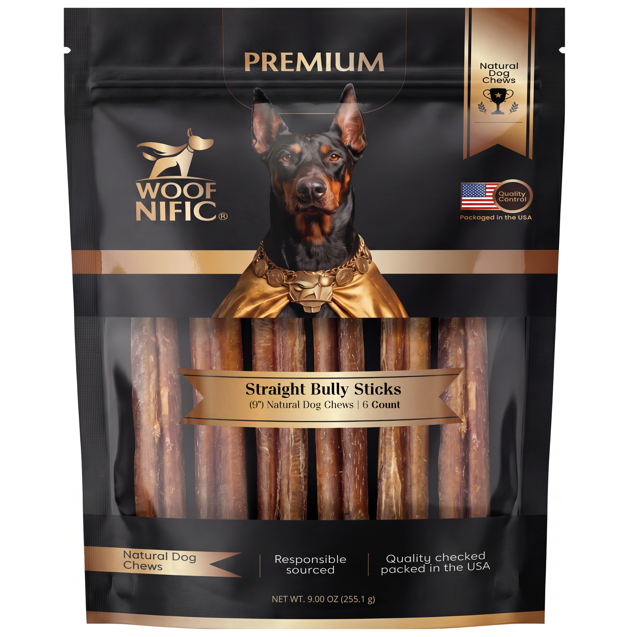 Woof Nific Straight Bully Sticks for Dogs – 100% Natural Beef Chew — 9" / 6 Pack