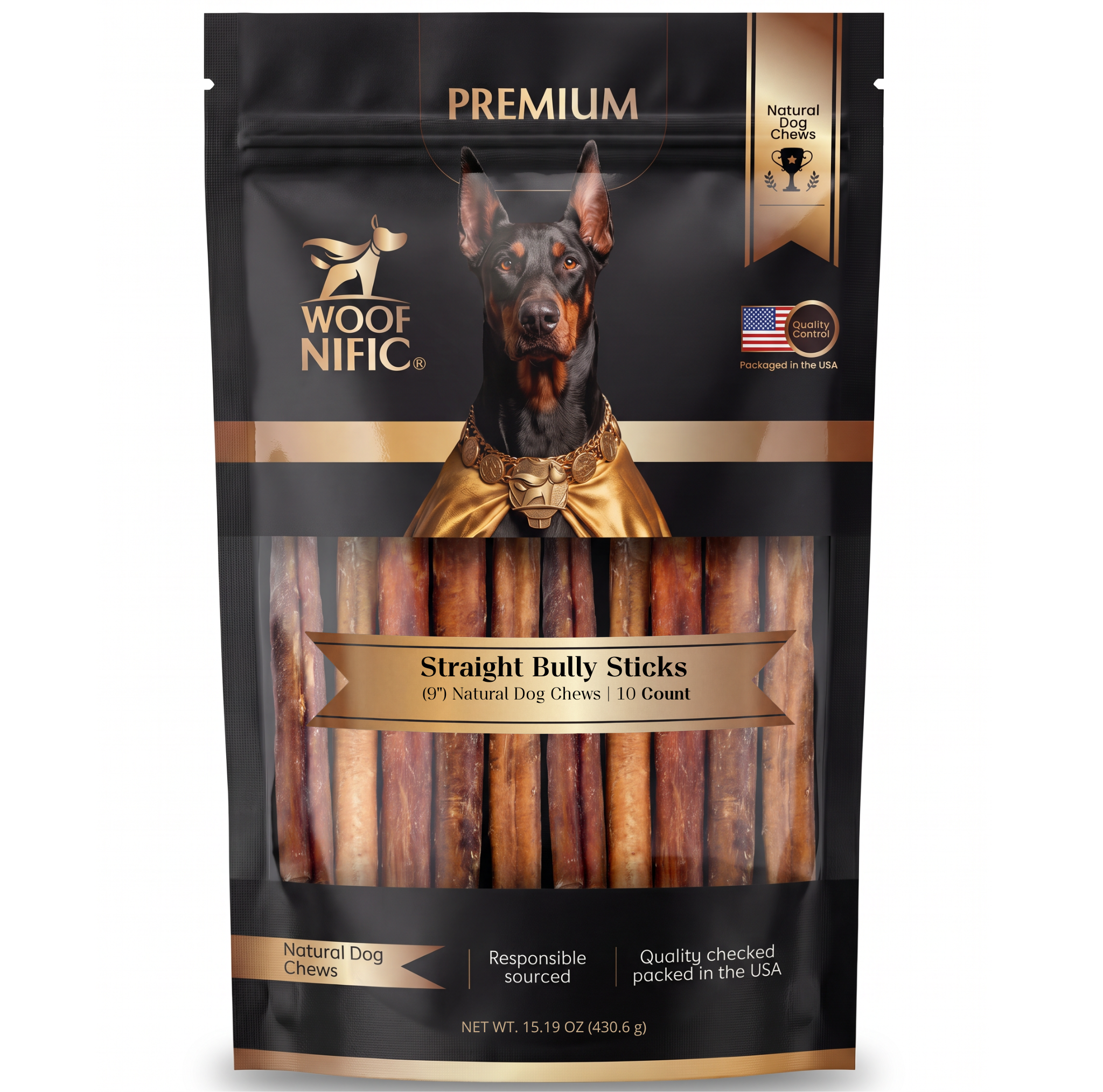 Woof Nific Straight Bully Sticks for Dogs – 100% Natural Beef Chew — 9" / 10 Pack
